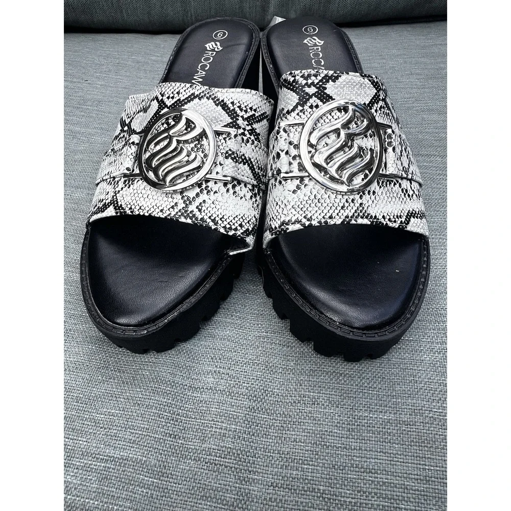 ROCAWEAR VTG Heel Open Toe‎ Platform Sz 6 NWOB Snakeskin Silver Logo Retro 90s